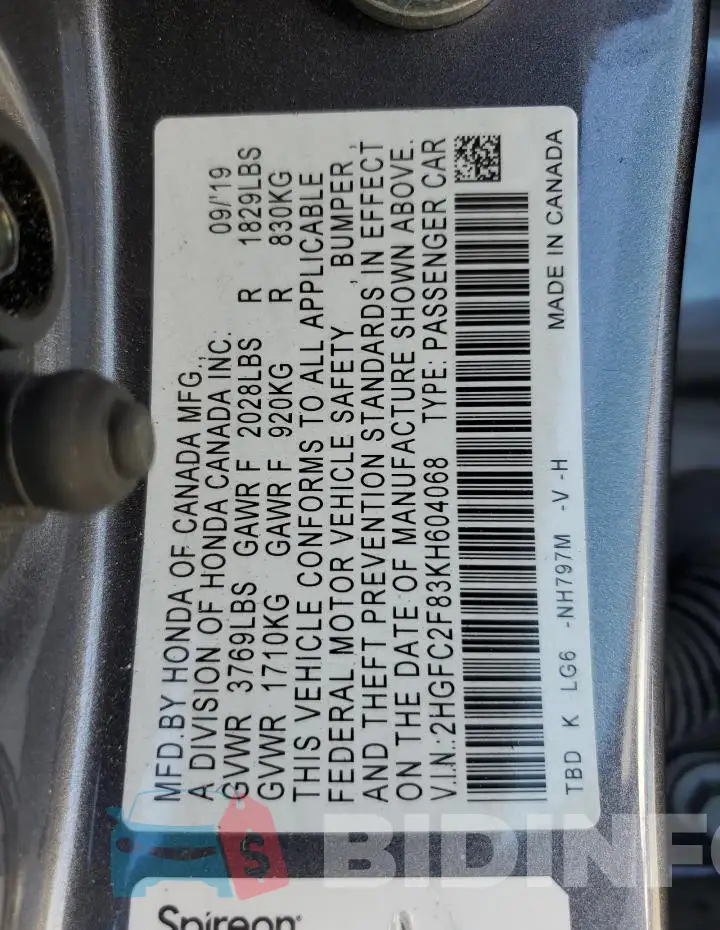 2HGFC2F83KH604068 Photo# 13