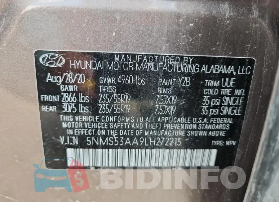 5NMS53AA9LH272215 Photo# 13