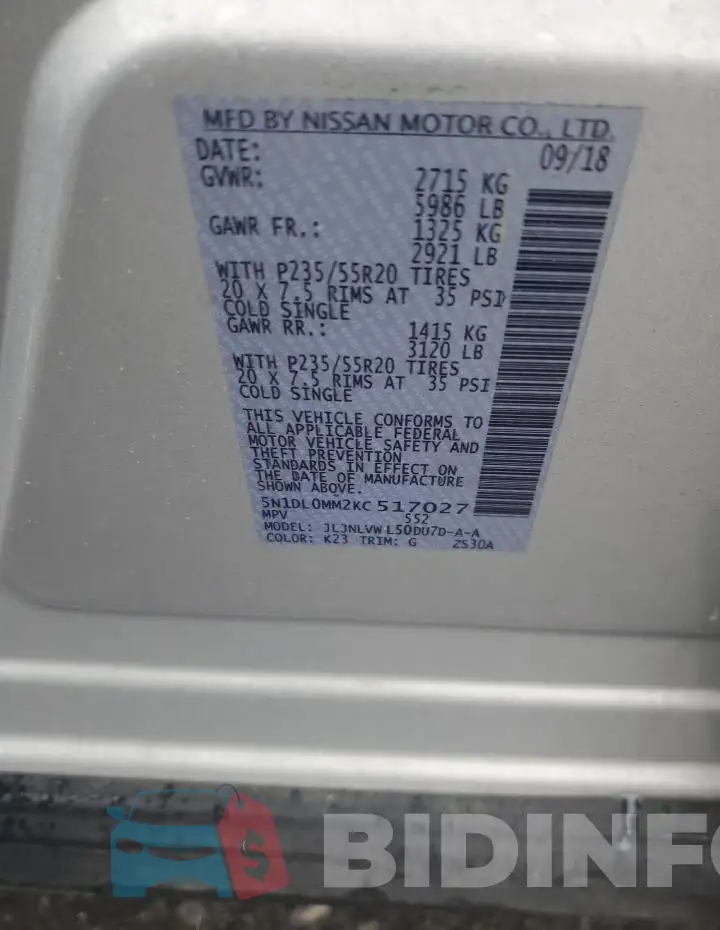5N1DL0MM2KC517027 Photo# 13