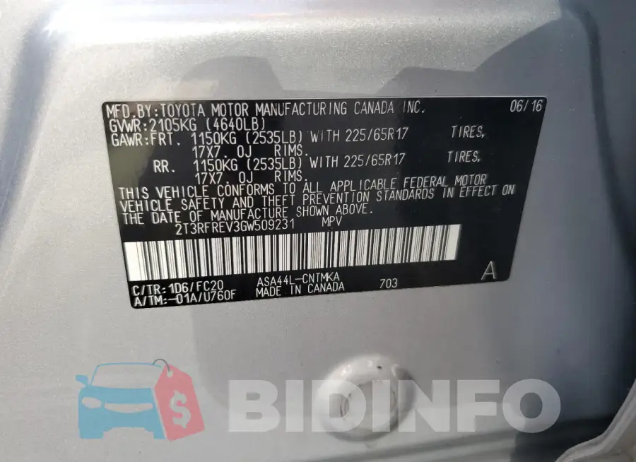 2T3RFREV3GW509231 Photo# 13