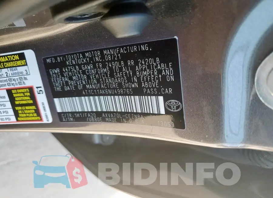 4T1C11AK6NU498765 Photo# 13