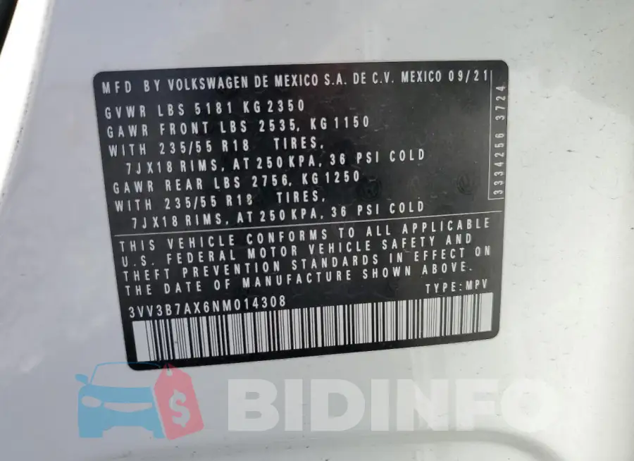 3VV3B7AX6NM014308 Photo# 14