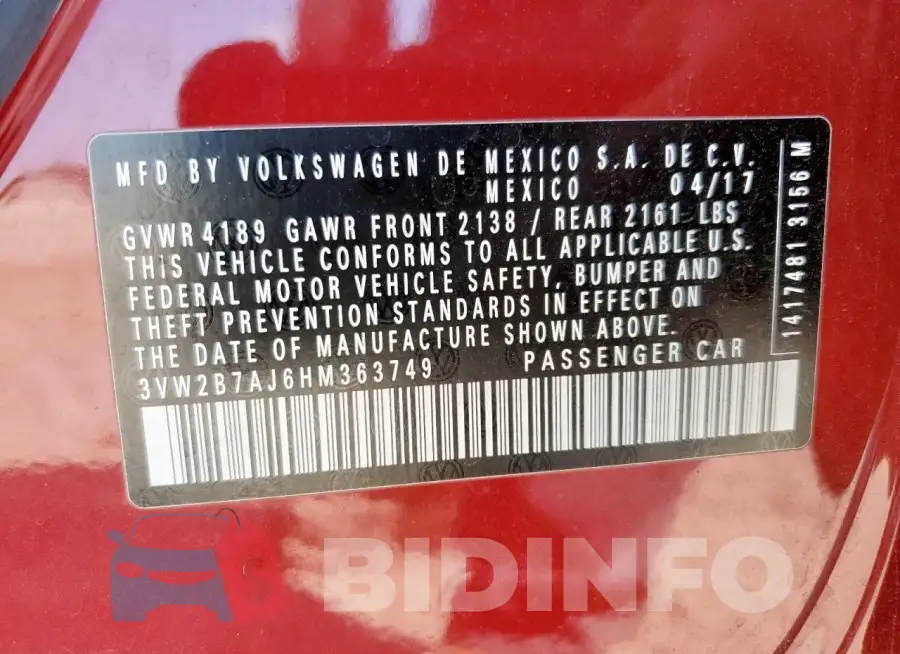 3VW2B7AJ6HM363749 Photo# 12