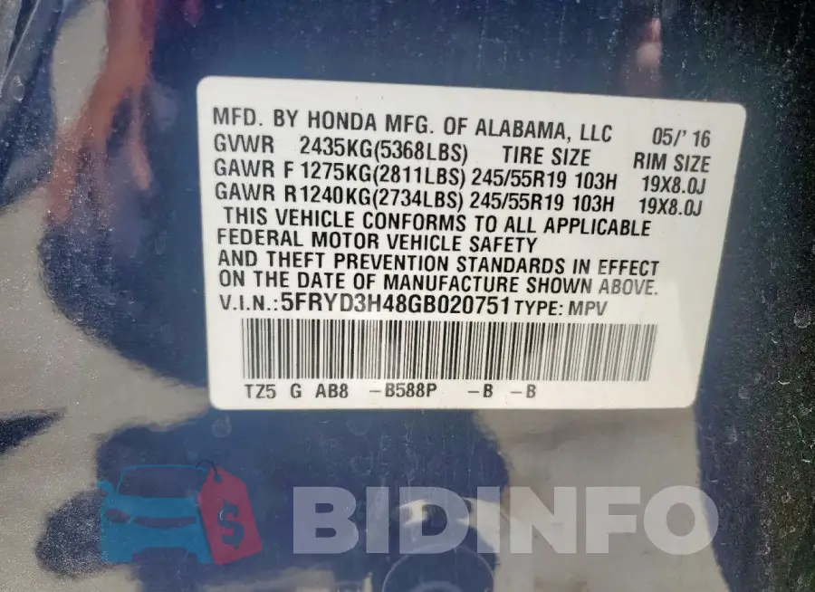 5FRYD3H48GB020751 Photo# 14
