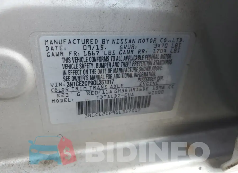 3N1CE2CP9GL357017 Photo# 13