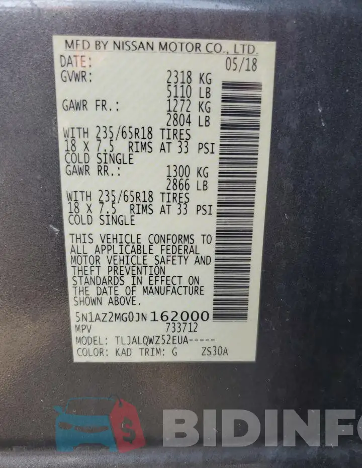 5N1AZ2MG0JN162000 Photo# 12