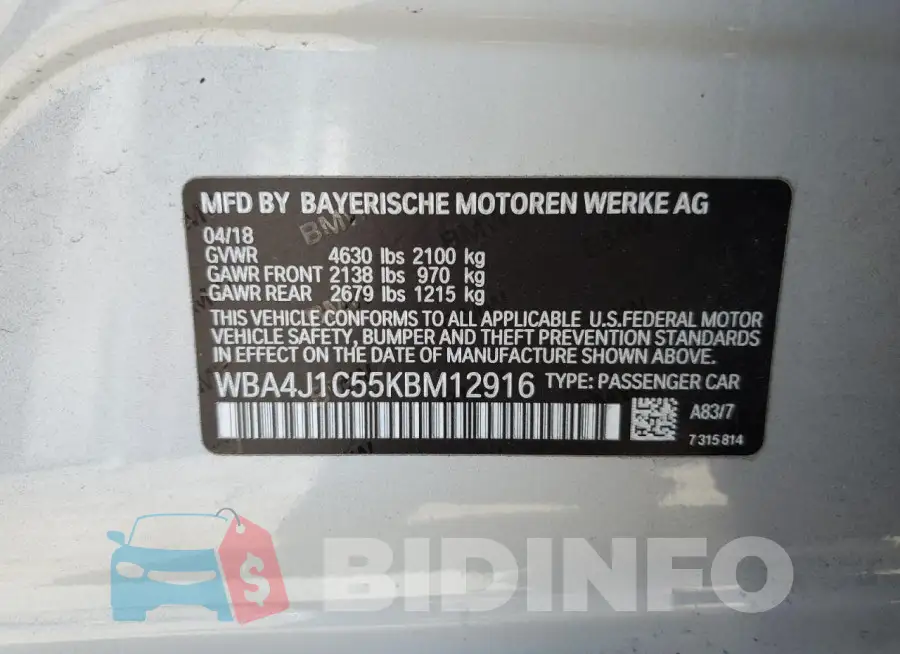 WBA4J1C55KBM12916 Photo# 12