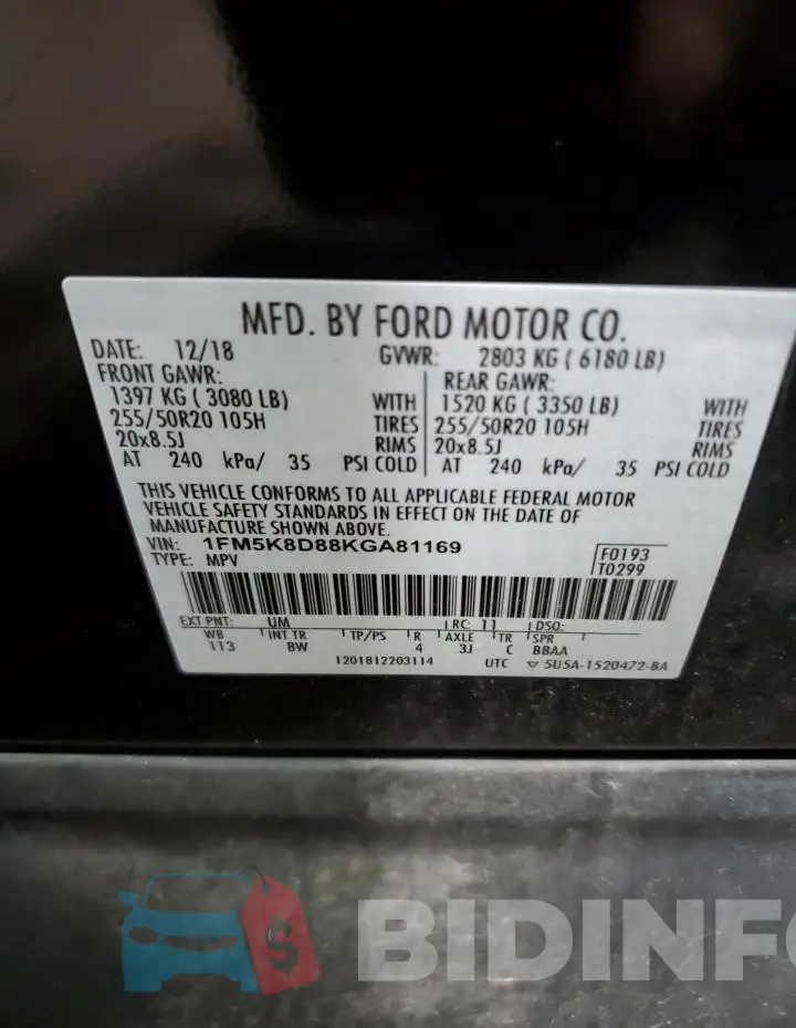 1FM5K8D88KGA81169 Photo# 13