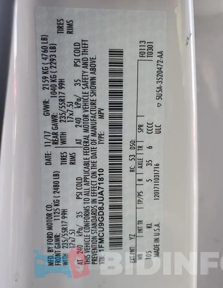 1FMCU9GD8JUA71810 Photo# 13