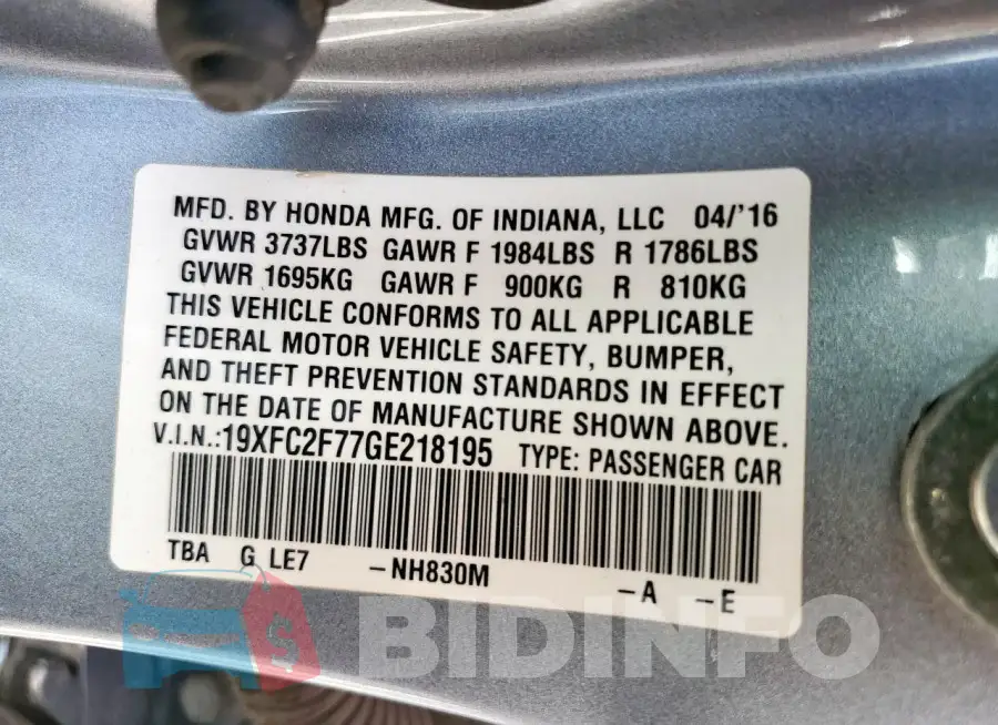 19XFC2F77GE218195 Photo# 12