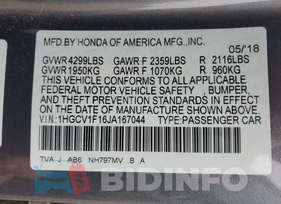 1HGCV1F16JA167044 Photo# 13