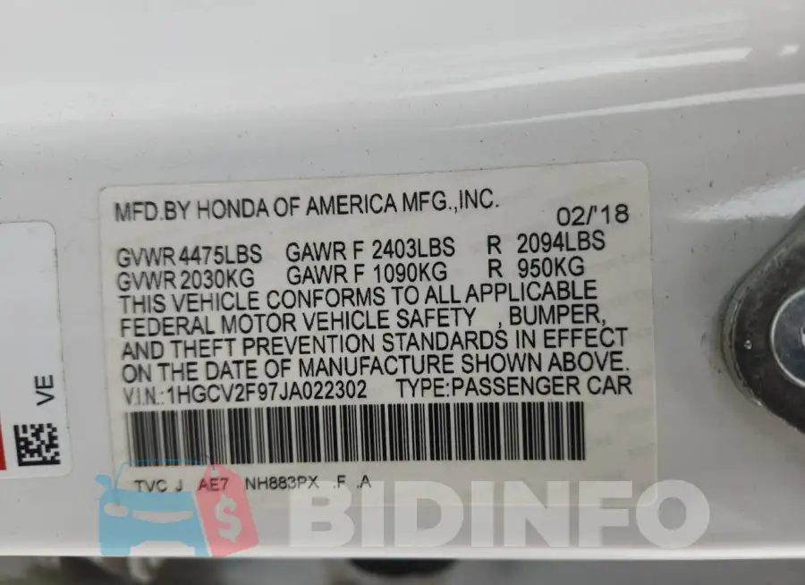 1HGCV2F97JA022302 Photo# 12