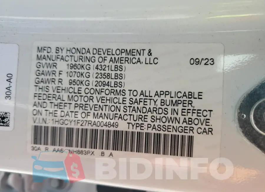 1HGCY1F27RA004849 Photo# 12