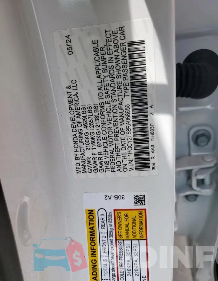 1HGCY2F58RA068656 Photo# 12