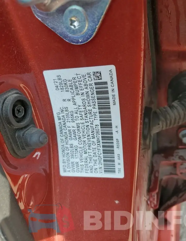 2HGFC1F3XMH706078 Photo# 12