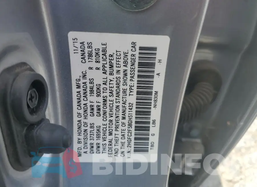 2HGFC2F58GH511432 Photo# 12