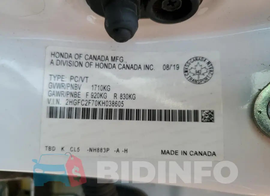 2HGFC2F70KH038605 Photo# 13