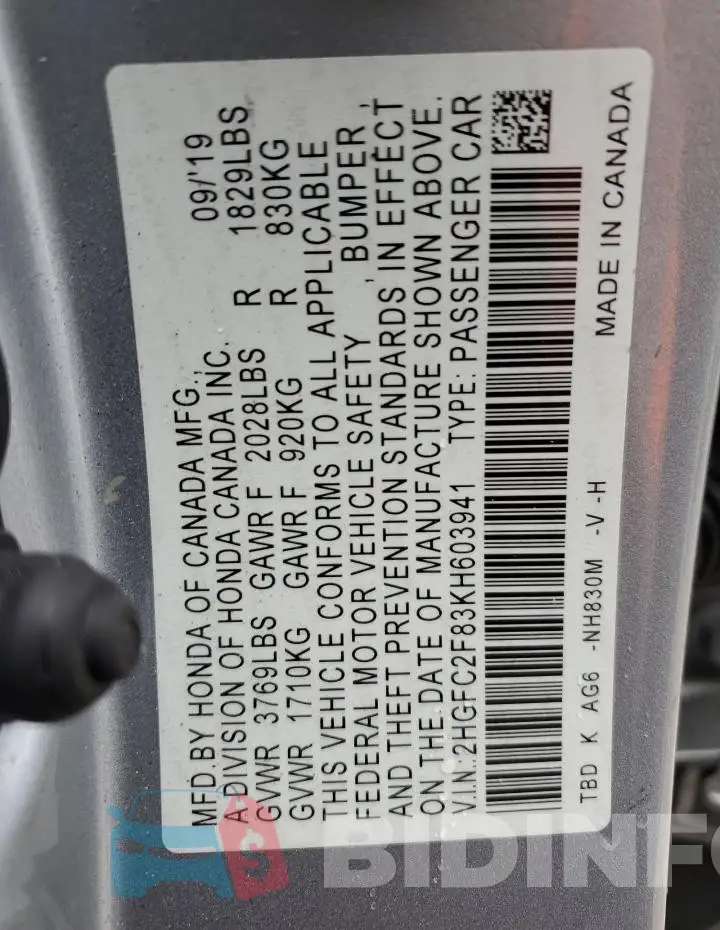 2HGFC2F83KH603941 Photo# 12