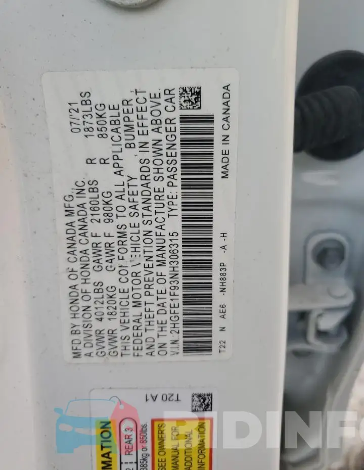 2HGFE1F93NH306315 Photo# 12