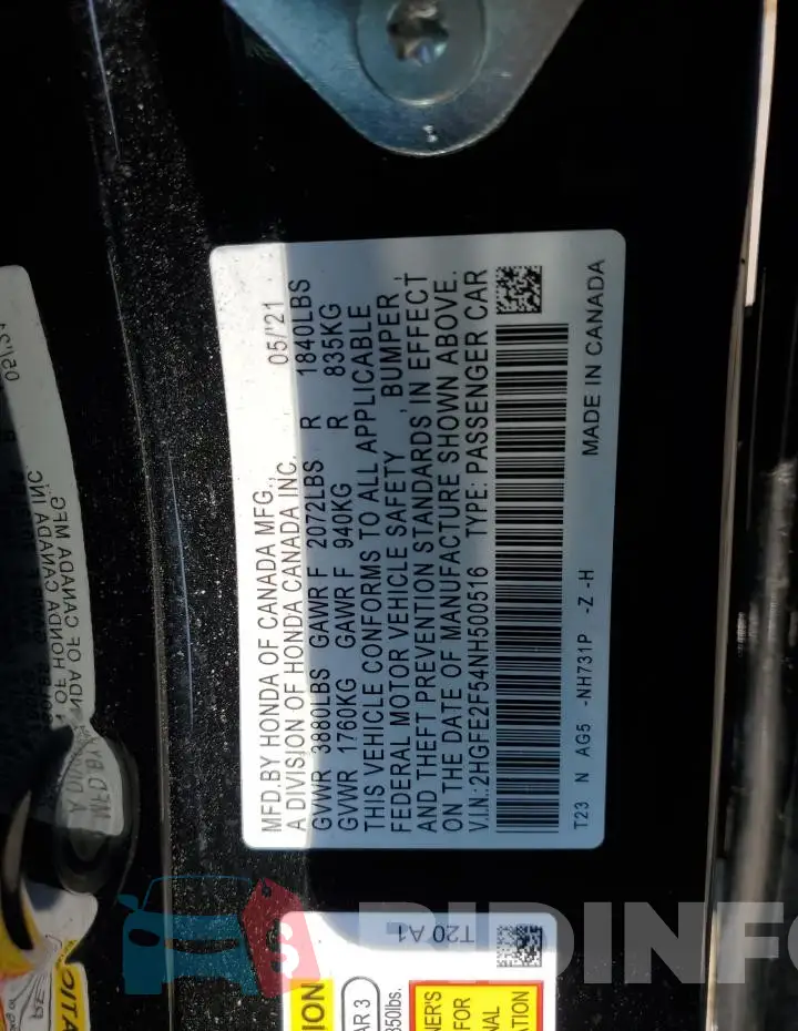 2HGFE2F54NH500516 Photo# 12