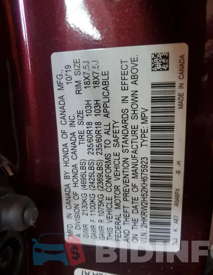 2HKRW2H52KH675923 Photo# 13