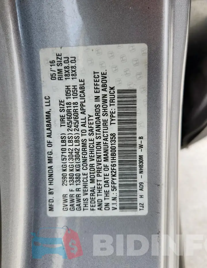 5FPYK2F61HB001358 Photo# 12