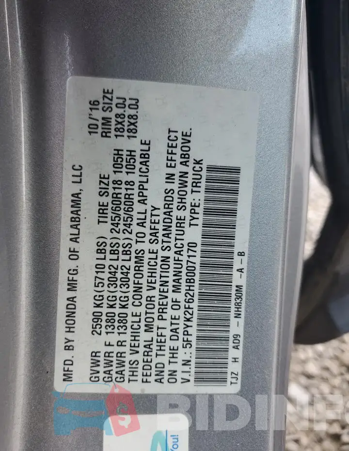 5FPYK2F62HB007170 Photo# 12