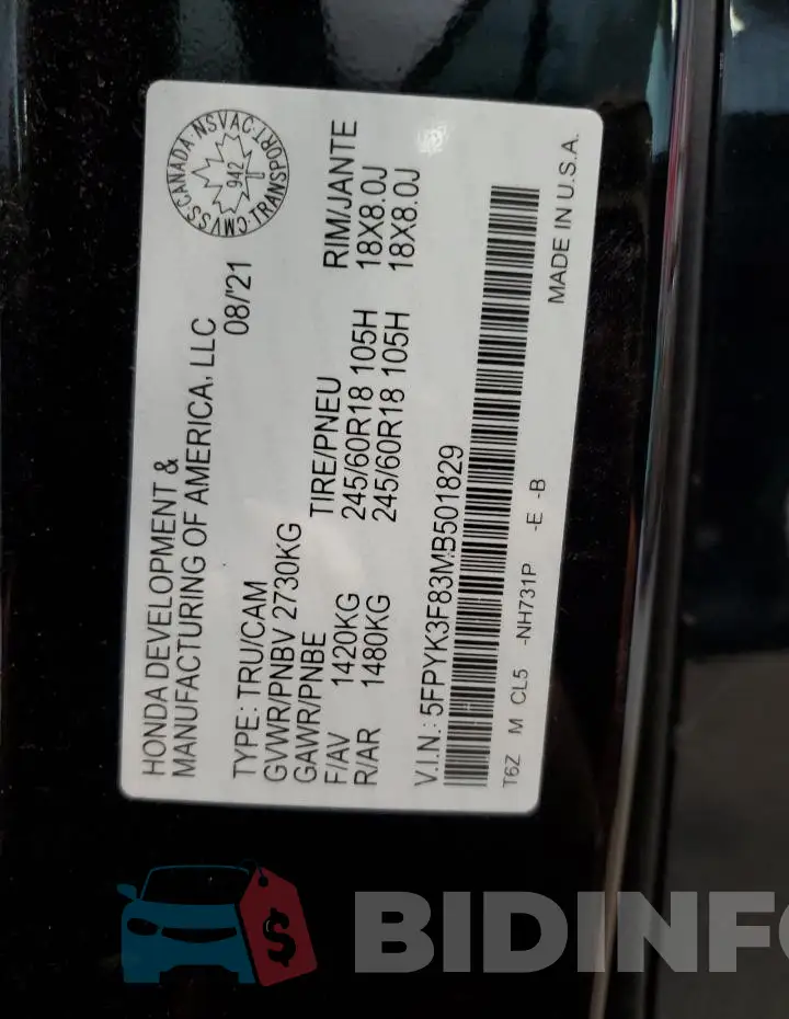 5FPYK3F83MB501829 Photo# 13