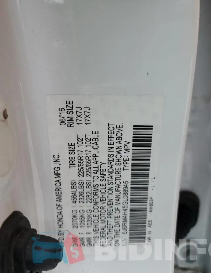 5J6RM4H45GL088945 Photo# 13