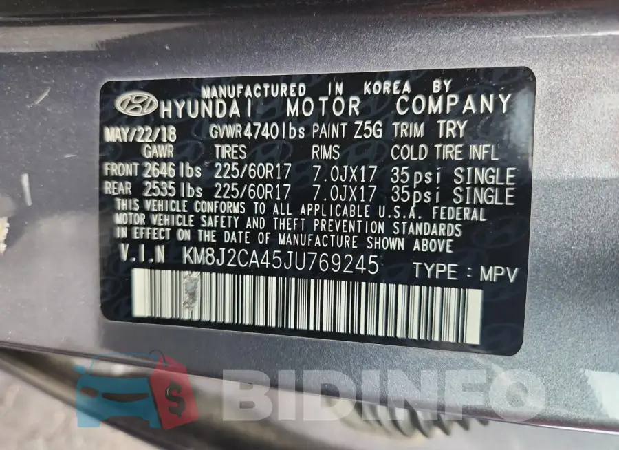 KM8J2CA45JU769245 Photo# 13