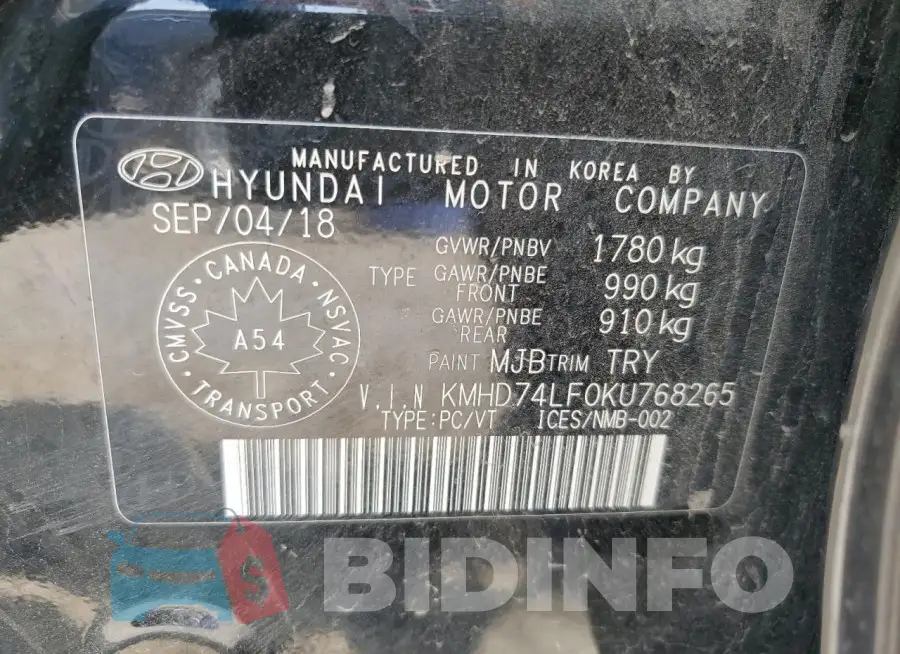 KMHD74LF0KU768265 Photo# 12