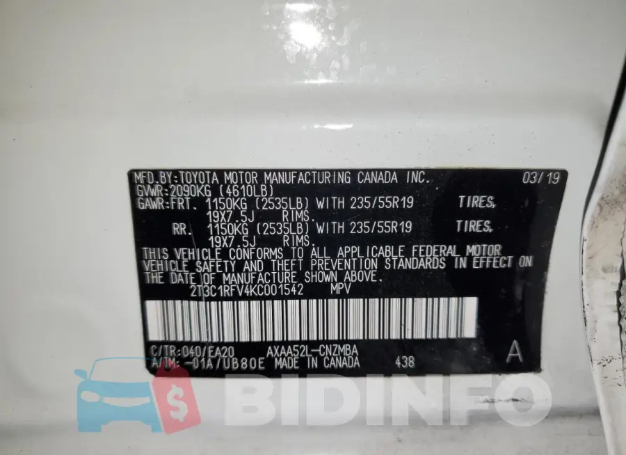 2T3C1RFV4KC001542 Photo# 13