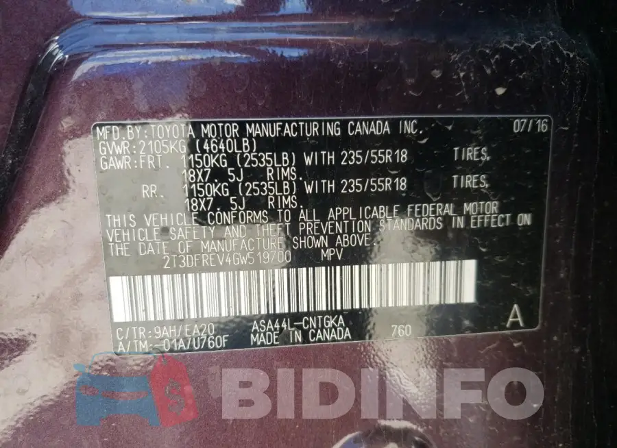2T3DFREV4GW519700 Photo# 13