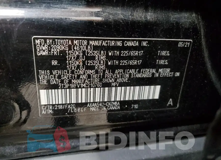 2T3P1RFV1MC210760 Photo# 13