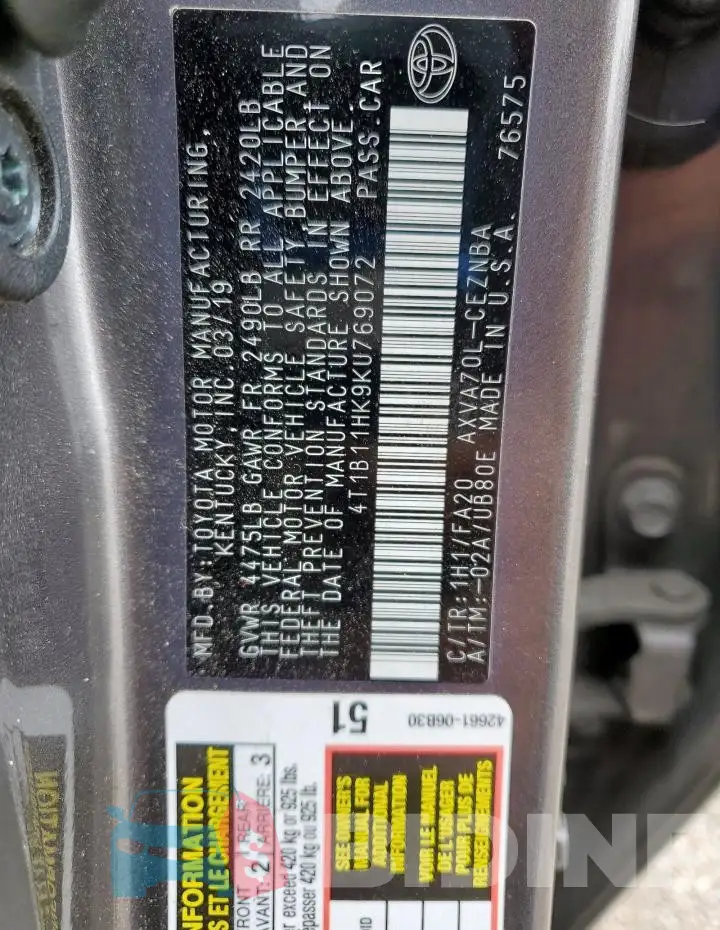 4T1B11HK9KU769072 Photo# 12