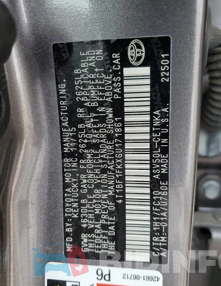 4T1BF1FKXGU171861 Photo# 12