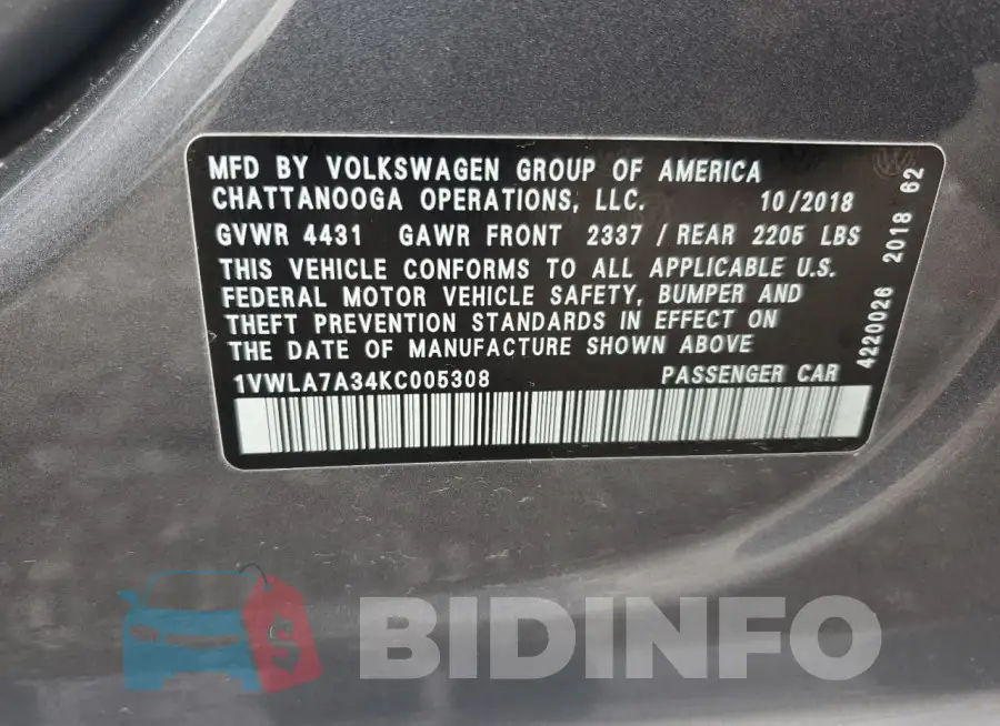 1VWLA7A34KC005308 Photo# 12