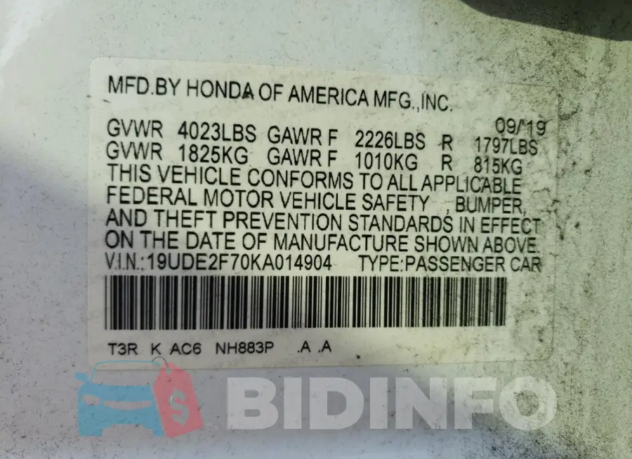 19UDE2F70KA014904 Photo# 12