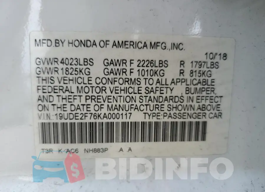 19UDE2F76KA000117 Photo# 13