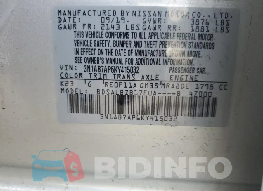 3N1AB7AP6KY415032 Photo# 13
