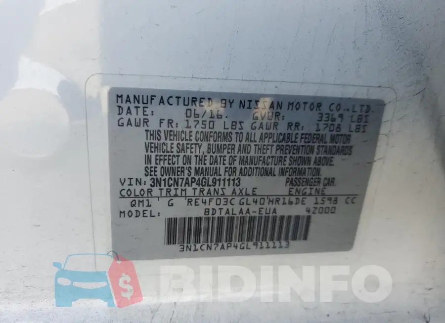 3N1CN7AP4GL911113 Photo# 12