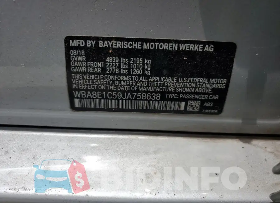 WBA8E1C59JA758638 Photo# 12