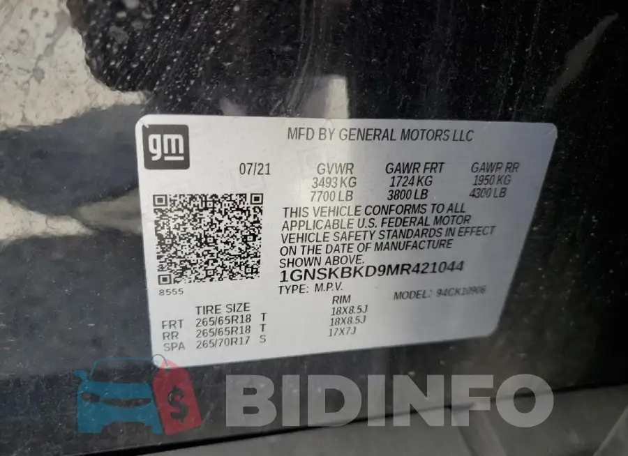1GNSKBKD9MR421044 Photo# 13