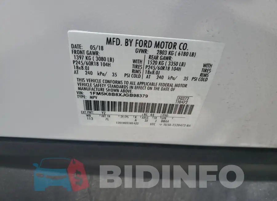 1FM5K8B8XJGB98379 Photo# 12