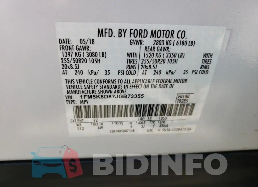 1FM5K8D87JGB73355 Photo# 14