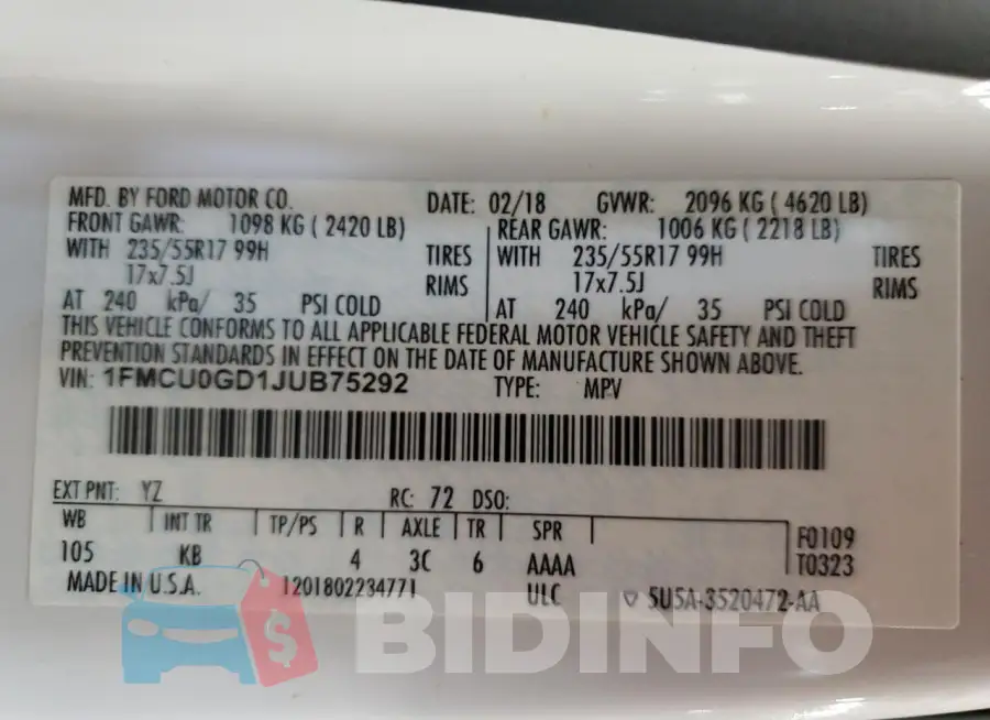 1FMCU0GD1JUB75292 Photo# 13