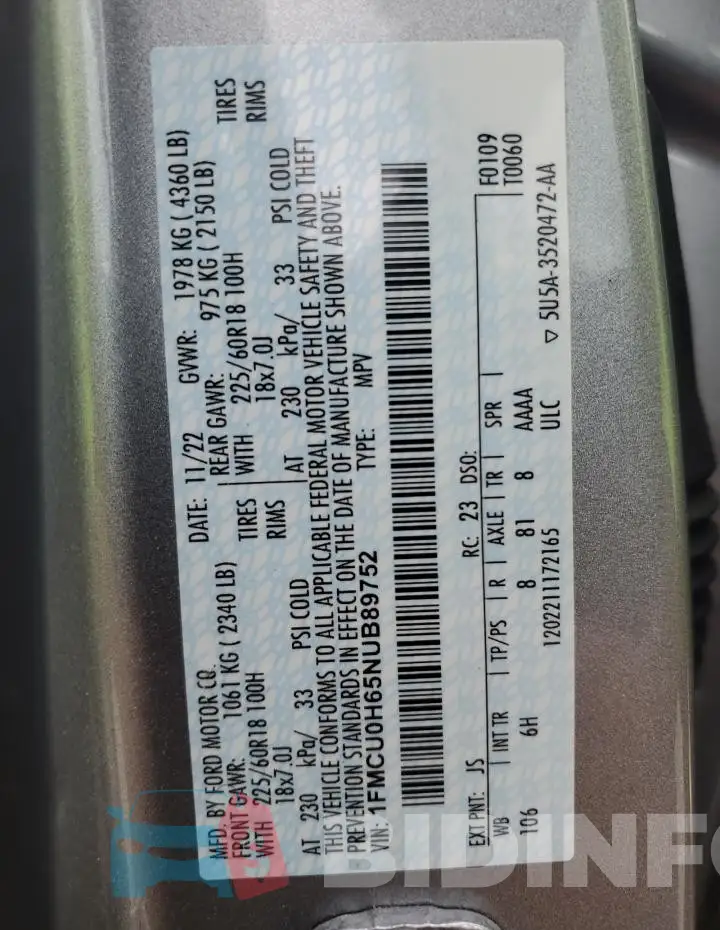 1FMCU0H65NUB89752 Photo# 13