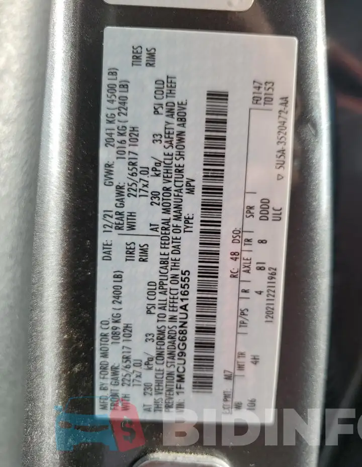 1FMCU9G68NUA16555 Photo# 13