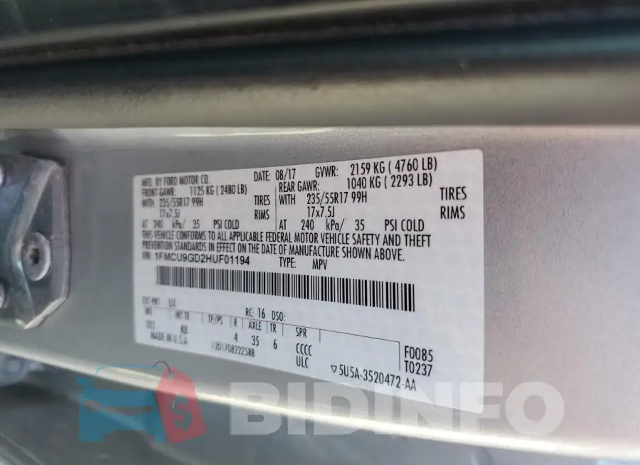 1FMCU9GD2HUF01194 Photo# 14