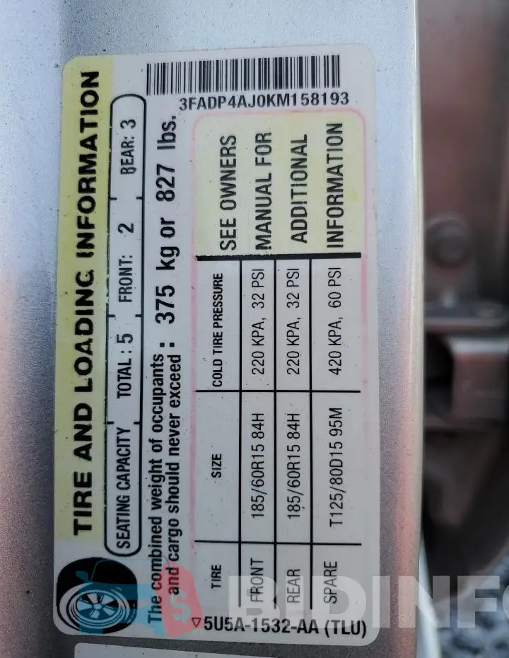 3FADP4AJ0KM158193 Photo# 13